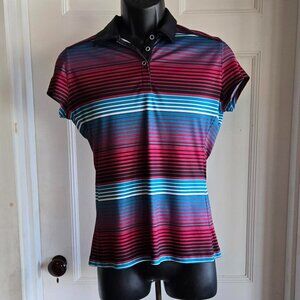 PGA Tour Golf Fitted Womens Striped Polo Shirt Size M Cap Sleeve